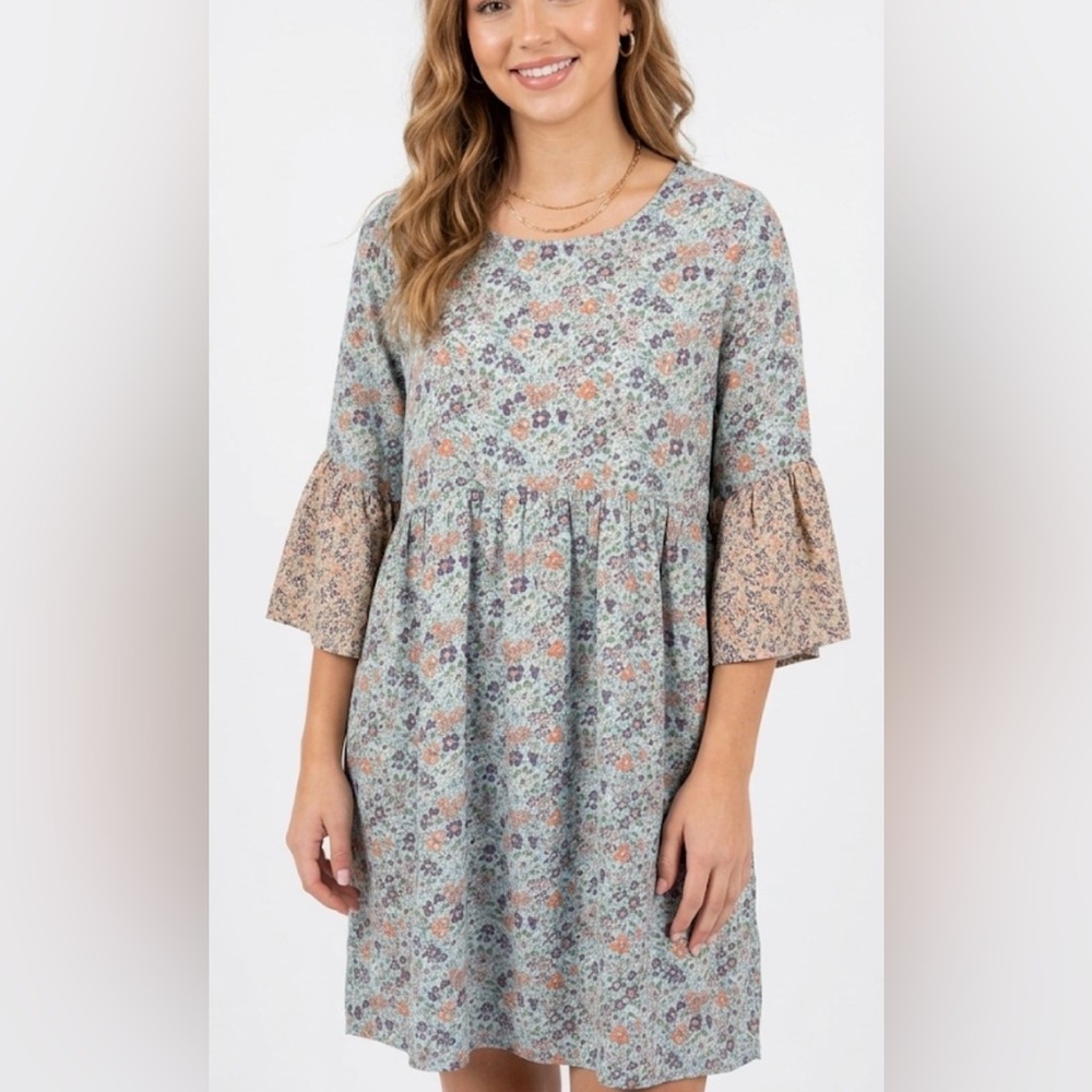 Umgee Floral Boho Ruffle Bell Sleeve Square Tie Back Babydoll Dress Light Blue L